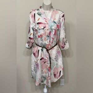 SLN Women’s Tan Floral Print Button Down Roll Tab Long  Sleeve Belted Dress 40/M